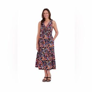 French Connection Floral Midi Dress in Black, Pink, Orange, Blue
